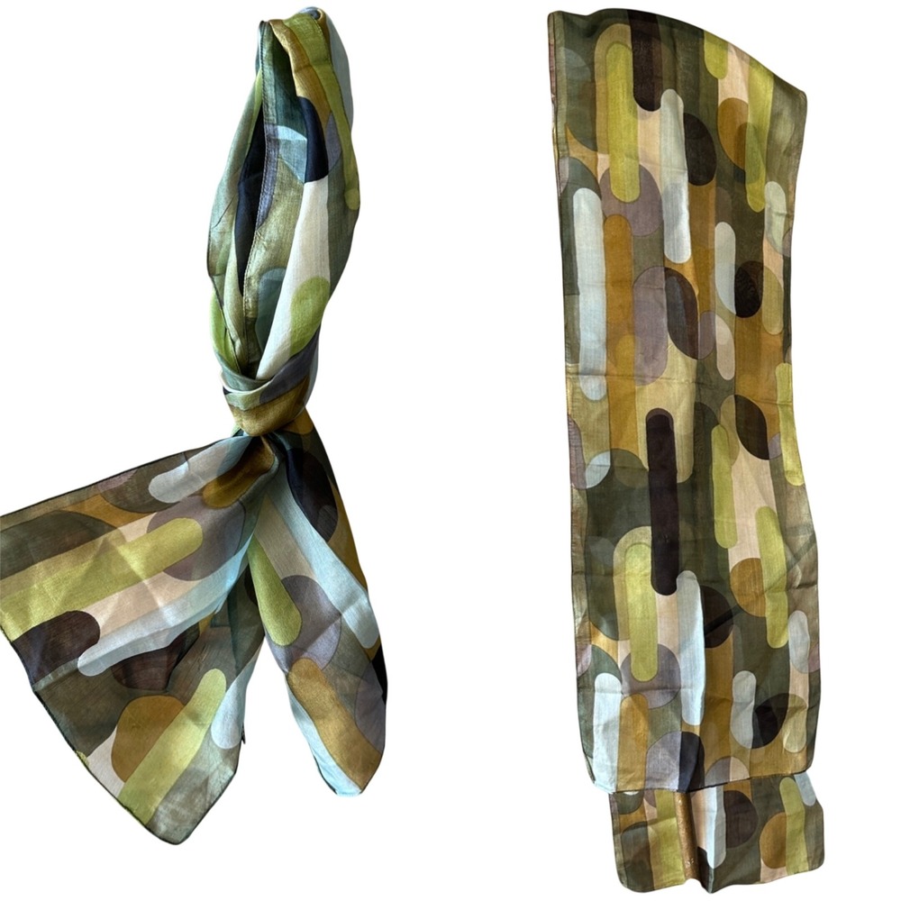 100% Silk Scarf Green Gold Abstract Geometric Mid Century Modern MCM